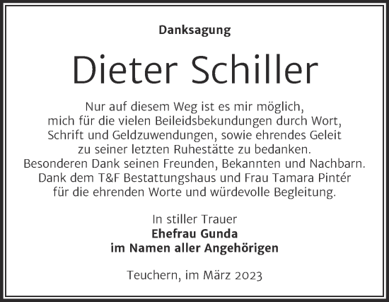 Traueranzeige von Dieter Schiller von Trauerkombi Weißenfels