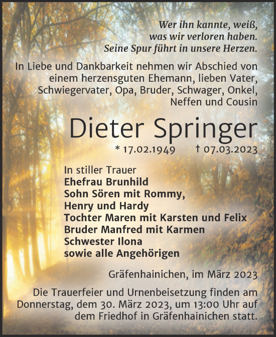 Traueranzeige von Dieter Springer von Trauerkombi Wittenberg