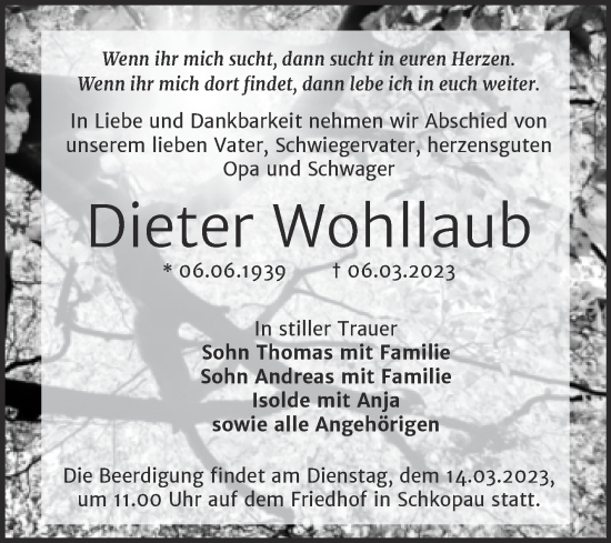 Traueranzeige von Dieter Wohllaub von Trauerkombi Merseburg