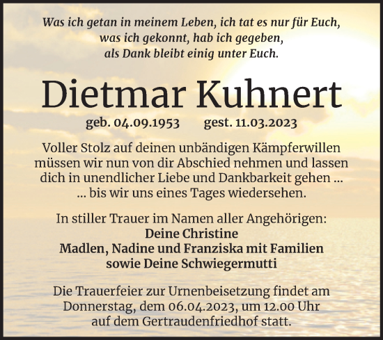 Traueranzeige von Dietmar Kuhnert von Mitteldeutsche Zeitung Halle/Saalkreis