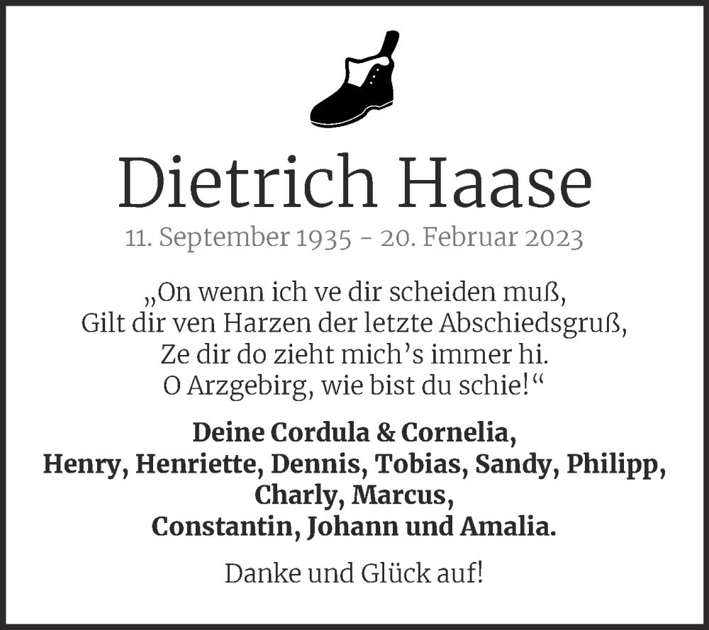  Traueranzeige für Dietrich Haase vom 29.03.2023 aus Trauerkombi Weißenfels