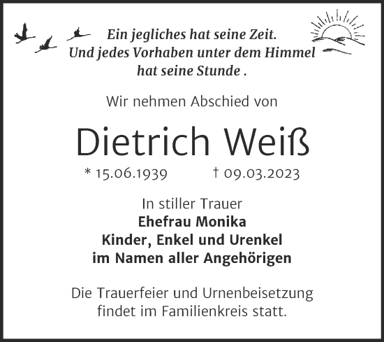 Traueranzeige von Dietrich Weiß von Trauerkombi Bitterfeld