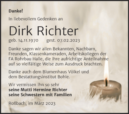 Traueranzeige von Dirk Richter von Trauerkombi Merseburg