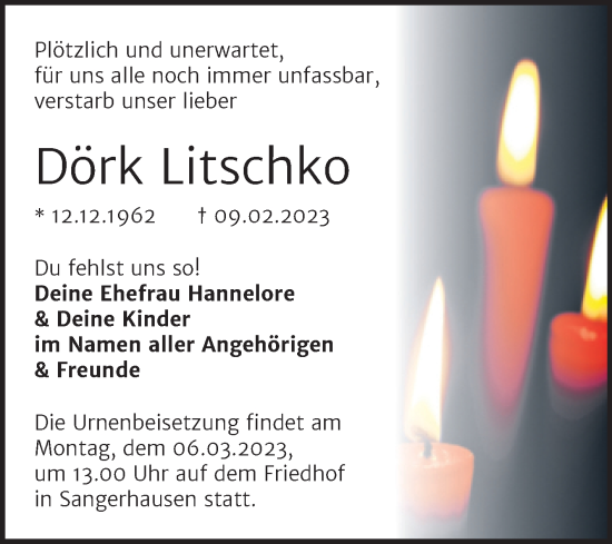Traueranzeige von Dörk Litschko von Trauerkombi Sangerhausen