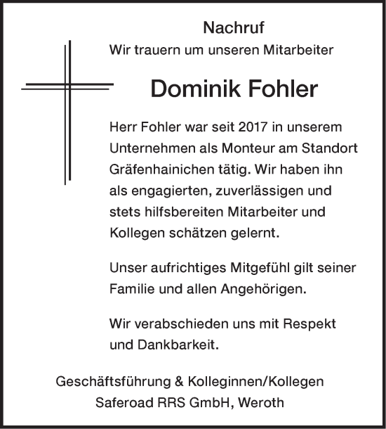 Traueranzeige von Dominik Fohler von Super Sonntag Wittenberg