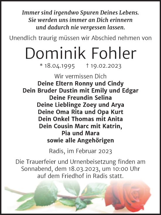 Traueranzeige von Dominik Fohler von Trauerkombi Wittenberg