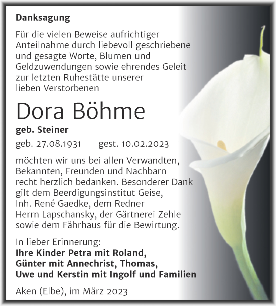 Traueranzeige von Dora Böhme von Trauerkombi Köthen