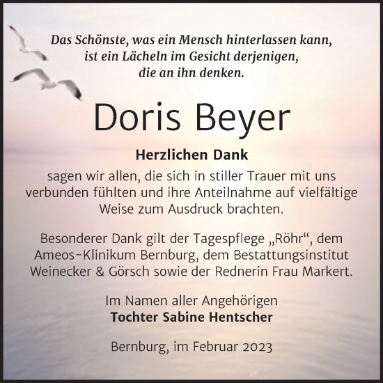 Traueranzeige von Doris Beyer von Trauerkombi Bernburg
