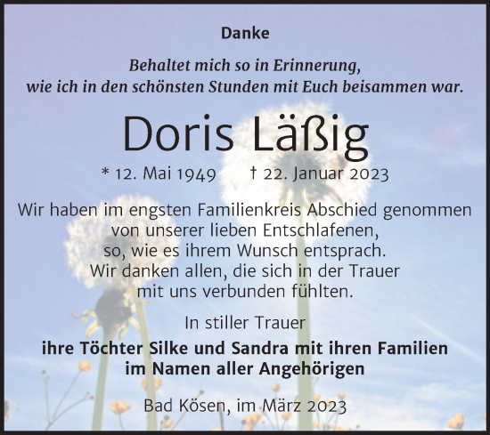 Traueranzeige von Doris Läßig von Wochenspiegel Naumburg/Nebra