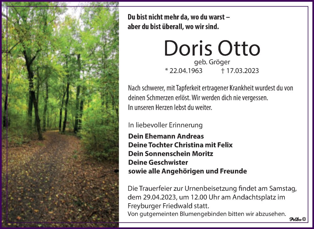  Traueranzeige für Doris Otto vom 25.03.2023 aus Trauerkombi Zeitz