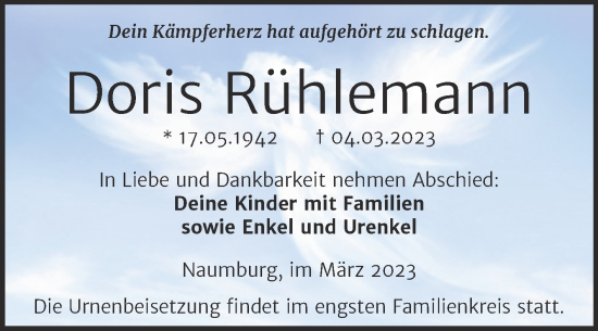 Traueranzeige von Doris Rühlemann von Naumburger Tageblatt