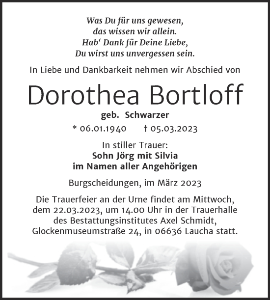 Traueranzeige von Dorothea Bortloff von Wochenspiegel Naumburg/Nebra