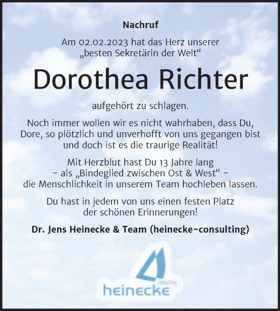 Traueranzeige von Dorothea Richter von Mitteldeutsche Zeitung Halle/Saalkreis