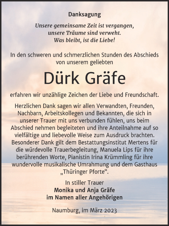 Traueranzeige von Dürk Gräfe von Wochenspiegel Naumburg/Nebra