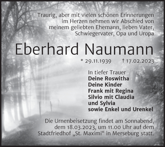 Traueranzeige von Eberhard Naumann von Trauerkombi Merseburg