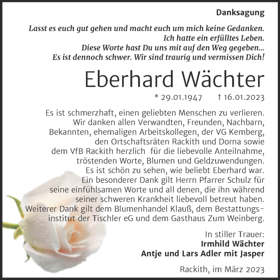 Traueranzeige von Eberhard Wächter von Trauerkombi Wittenberg