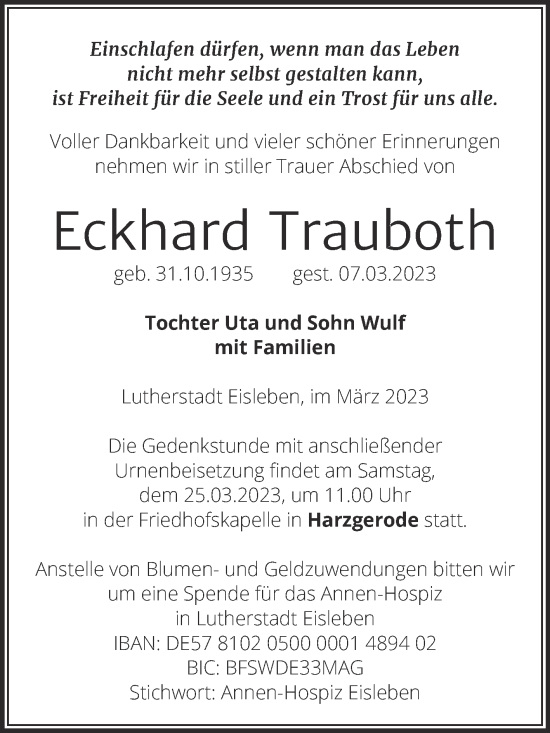 Traueranzeige von Eckhard Trauboth von Trauerkombi Mansfelder Land