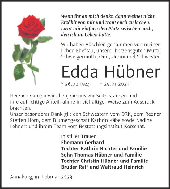 Traueranzeige von Edda Hübner von Trauerkombi Wittenberg