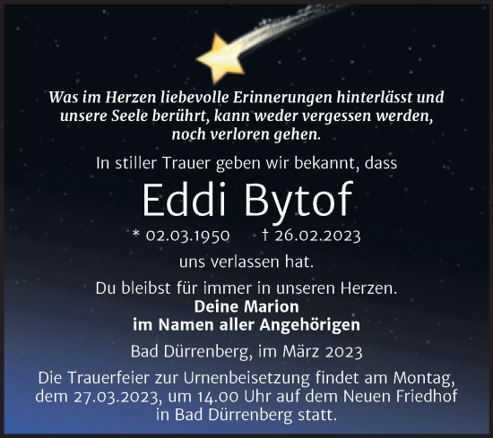 Traueranzeige von Eddi Bytof von Trauerkombi Merseburg