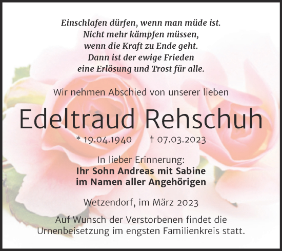 Traueranzeige von Edeltraud Rehschuh von Wochenspiegel Naumburg/Nebra