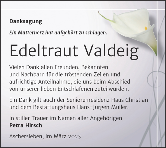 Traueranzeige von Edeltraut Valdeig von Trauerkombi Aschersleben