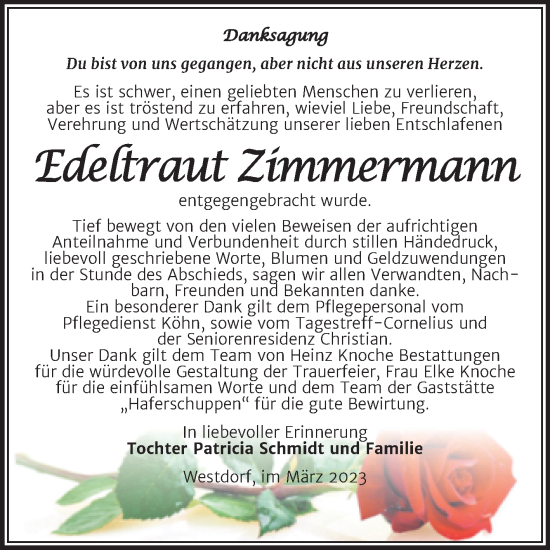 Traueranzeige von Edeltraut Zimmermann von Trauerkombi Aschersleben