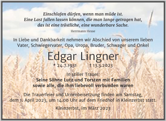 Traueranzeige von Edgar Lingner von Trauerkombi Köthen