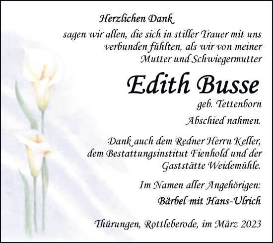 Traueranzeige von Edith Busse von Mitteldeutsche Zeitung Sangerhausen
