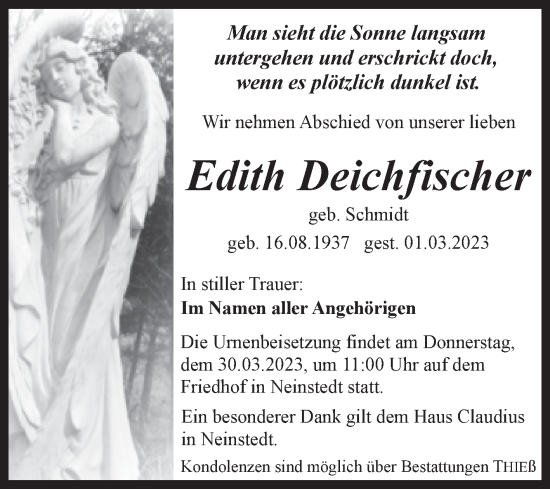 Traueranzeige von Edith Deichfischer von Trauerkombi Quedlinburg