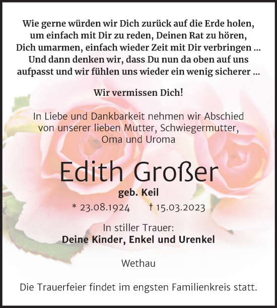 Traueranzeige von Edith Großer von Wochenspiegel Naumburg/Nebra