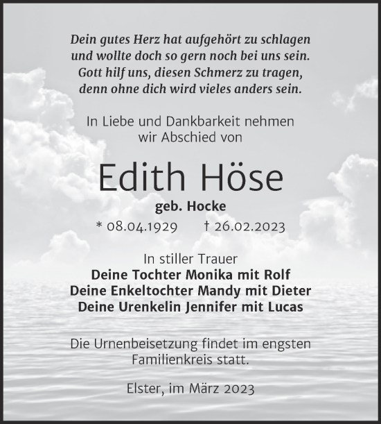 Traueranzeige von Edith Höse von Trauerkombi Wittenberg