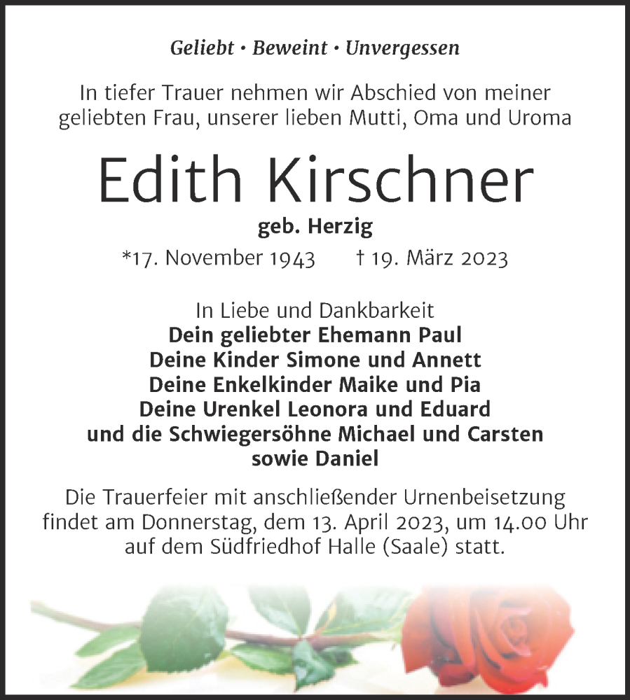  Traueranzeige für Edith Kirschner vom 25.03.2023 aus Mitteldeutsche Zeitung Halle/Saalkreis