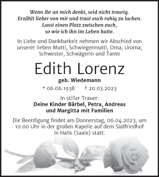 Traueranzeige von Edith Lorenz von Mitteldeutsche Zeitung Halle/Saalkreis