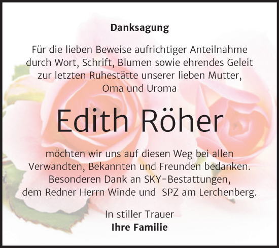 Traueranzeige von Edith Röher von Trauerkombi Wittenberg