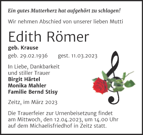 Traueranzeige von Edith Römer von Trauerkombi Zeitz