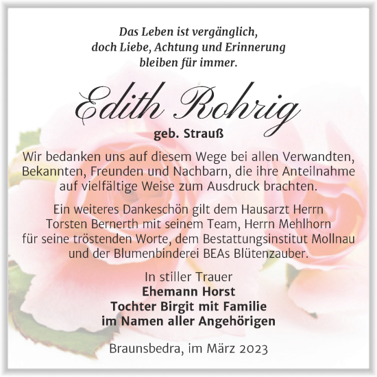 Traueranzeige von Edith Rohrig von Trauerkombi Merseburg