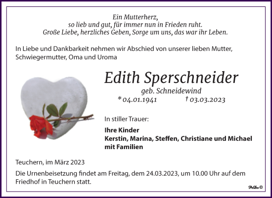 Traueranzeige von Edith Sperschneider von Trauerkombi Weißenfels