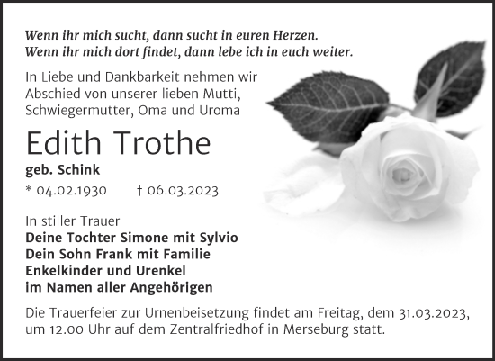 Traueranzeige von Edith Trothe von Trauerkombi Merseburg