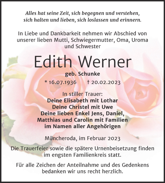 Traueranzeige von Edith Werner von Wochenspiegel Naumburg/Nebra