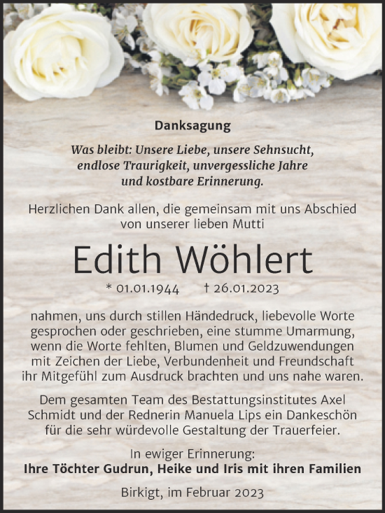 Traueranzeige von Edith Wöhlert von Wochenspiegel Naumburg/Nebra