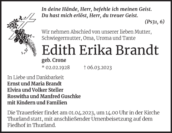 Traueranzeige von Edith Erika Brandt von Trauerkombi Bitterfeld