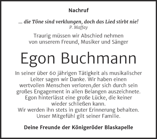 Traueranzeige von Egon Buchmann von Trauerkombi Quedlinburg