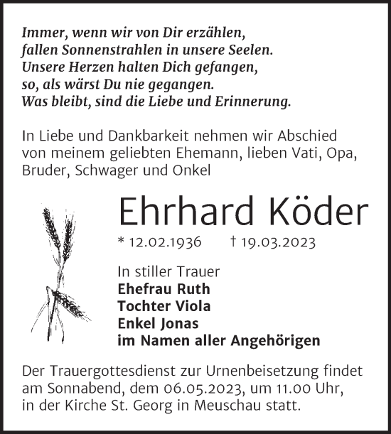Traueranzeige von Ehrhard Köder von Trauerkombi Merseburg