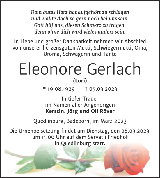 Traueranzeige von Eleonore Gerlach von Trauerkombi Quedlinburg