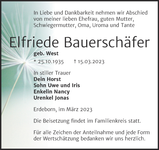 Traueranzeige von Elfriede Bauerschäfer von Trauerkombi Mansfelder Land