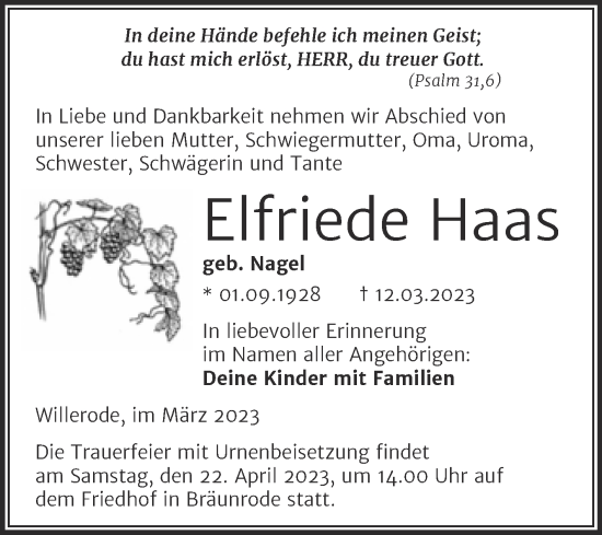 Traueranzeige von Elfriede Haas von Trauerkombi Mansfelder Land