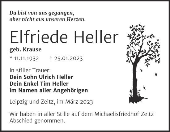 Traueranzeige von Elfriede Heller von Trauerkombi Zeitz