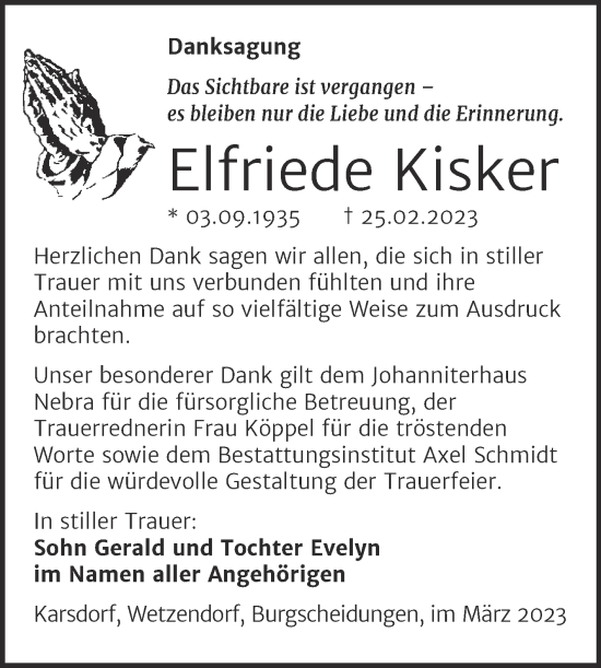 Traueranzeige von Elfriede Kisker von Wochenspiegel Naumburg/Nebra