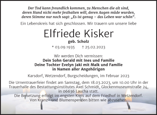 Traueranzeige von Elfriede Kisker von Wochenspiegel Naumburg/Nebra