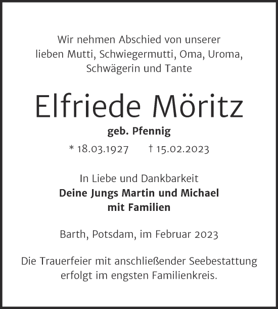 Traueranzeige von Elfriede Möritz von Mitteldeutsche Zeitung Dessau-Roßlau